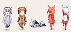  5girls anni_minto brown_eyes brown_hair chibi coat commentary_request eurasian_eagle_owl_(kemono_friends) gradient_hair head_wings japanese_crested_ibis_(kemono_friends) kemono_friends long_hair multicolored_hair multiple_girls northern_white-faced_owl_(kemono_friends) one_eye_closed pantyhose pleated_skirt red_legwear redhead scarlet_ibis_(kemono_friends) shoebill_(kemono_friends) short_hair silver_hair simple_background skirt sleeping white_hair white_legwear winter_clothes winter_coat 