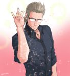  1boy brown_hair casual final_fantasy final_fantasy_xv glasses ignis_scientia looking_down male_focus pink_background salt_bae_(meme) setsu-st solo sparkle 