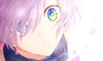  1girl fate/grand_order fate_(series) from_above hair_between_eyes hair_over_one_eye karasaki looking_up multicolored multicolored_eyes parted_lips petals pink_hair shielder_(fate/grand_order) short_hair simple_background solo white_background 