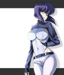  1girl belt black_gloves black_jacket breasts covered_navel cropped_jacket fingerless_gloves ghost_in_the_shell ghost_in_the_shell_stand_alone_complex gloves highleg highleg_leotard highres jacket kusanagi_motoko large_breasts leotard long_sleeves looking_at_viewer pants pink_lips purple_hair red_eyes riichi_(rouchi) short_hair solo white_leotard white_pants 