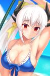 1girl arm_up armpits bare_arms bare_shoulders blue_bikini_top blue_bow bow breasts cleavage closed_mouth collarbone damao_yu eyebrows_visible_through_hair fate/grand_order fate_(series) frilled_bikini_top frills front-tie_bikini front-tie_top hair_bow highres horns kiyohime_(fate/grand_order) long_hair looking_at_viewer medium_breasts ocean ponytail red_eyes revision sidelocks silver_hair solo staff swimsuit tareme upper_body very_long_hair yellow_bow 