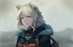  1girl animal_ears bag blonde_hair blue_eyes blurry blurry_background closed_mouth coat depth_of_field fur_trim hood hood_down hsin long_hair looking_at_viewer mole mole_under_eye original pink_lips shoulder_bag snow snowing solo upper_body winter_clothes winter_coat zipper 