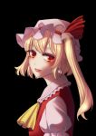  1girl ascot black_background blonde_hair earrings fine_art_parody flandre_scarlet girl_with_a_pearl_earring hat highres inose_(murphy) jewelry long_hair looking_at_viewer mob_cap parody parted_lips red_eyes side_ponytail touhou yellow_neckwear 