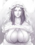  1girl breasts cleavage closed_eyes dark_souls dress greyscale large_breasts long_hair materclaws monochrome queen_of_sunlight_gwynevere smile solo souls_(from_software) upper_body veil 