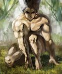  1boy black_hair gon-san gon_freecss grass hunter_x_hunter long_hair looking_at_viewer marimoppoi muscle shaded_face solo tree very_long_hair 