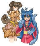  2girls :3 :o absurdres ahoge animal_ears bare_shoulders bell blue_hair blush brown_hair cat_ears commentary_request cosplay cowboy_shot dog_ears dog_tail dress eyebrows_visible_through_hair fan fang fang_out fur green_eyes hair_between_eyes hand_on_hip hands_up heart_ahoge hhhori highres japanese_clothes jingle_bell kimono kobold_(monster_girl_encyclopedia) kobold_(monster_girl_encyclopedia)_(cosplay) long_hair long_sleeves looking_at_viewer mole mole_under_eye monster_girl monster_girl_encyclopedia multiple_girls nekomata_(monster_girl_encyclopedia) nekomata_(monster_girl_encyclopedia)_(cosplay) obi paper_fan parted_lips paws pink_kimono sash signature simple_background slit_pupils smile standing tail white_background wide_sleeves yellow_eyes 