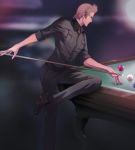  1boy blurry blurry_background brown_hair cue_stick final_fantasy final_fantasy_xv glasses ignis_scientia male_focus pool_ball pool_table pose setsu-st solo 