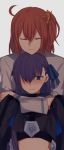  2girls ahoge aoki_shizumi blue_eyes blush closed_eyes crying fate/extra fate/extra_ccc fate/grand_order fate_(series) fujimaru_ritsuka_(female) grey_background hair_over_one_eye hug hug_from_behind long_hair long_sleeves meltlilith multiple_girls navel orange_hair purple_hair scrunchie side_ponytail smile tears 