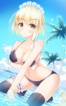  1girl artoria_pendragon_(all) bare_shoulders beach black_legwear blonde_hair blush breasts brown_eyes cleavage collarbone eyebrows_visible_through_hair fate/grand_order fate_(series) highres large_breasts maid_bikini maid_headdress palm_tree parted_lips saber_alter short_hair solo thigh-highs tree umitonakai water_drop 