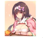  1girl black_hair blush breasts cleavage fate/grand_order fate_(series) food fruit hairband hinooka_shuuji hood hood_down japanese_clothes large_breasts long_hair looking_at_viewer low_twintails mandarin_orange osakabe-hime_(fate/grand_order) smile solo twintails violet_eyes 
