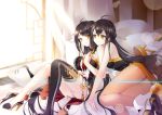  2girls ahoge ara_han bed black_hair blush braid dress dual_persona elsword french_braid hair_ornament hairclip hairpin hand_on_own_chest high_heels long_hair low_tied_hair multiple_girls panties panties_under_pantyhose pantyhose sakra_devanam_(elsword) single_thighhigh smile strapless strapless_dress striped striped_panties tagme thigh-highs underwear vilor yama_raja_(elsword) yellow_eyes yuri 