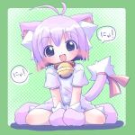  1girl :d animal_ears antenna_hair bell bell_collar black_eyes blue_eyes blush body_blush cat_ears cat_tail collar copyright_request gloves open_mouth paw_gloves paws polka_dot polka_dot_background purple_hair ribbon simple_background smile solo speech_bubble tail tail_ribbon 
