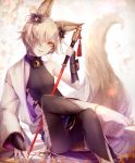  animal_ears anklet azalea4 backless_outfit barefoot collar elbow_gloves fox_ears fox_tail gloves granblue_fantasy hair_ornament highres jewelry kou_(granblue_fantasy) long_hair male_focus nail_polish smile sword tail weapon 