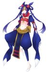  1girl asame21 blue_hair breasts flower full_body garchomp hair_flower hair_ornament hair_rings highres looking_at_viewer midriff navel personification pokemon puffy_pant solo standing standing_on_one_leg under_boob white_footwear wide_sleeves yellow_eyes 