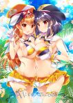  2girls :d armpit_peek armpits bangs beatmania beatmania_iidx bikini bikini_pull black_hair blunt_bangs blush breast_press breasts character_request cowboy_shot gloves groin hat hinata_momo large_breasts looking_at_viewer miniskirt multiple_girls navel open_mouth orange_eyes orange_hair parted_lips peaked_cap red_eyes sidelocks skirt smile stomach swimsuit symmetrical_docking white_gloves yellow_skirt 