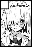  1girl blush commentary_request eyebrows_visible_through_hair fate/grand_order fate_(series) fingernails glasses greyscale hair_over_one_eye hand_on_own_chest head_tilt hood hoodie looking_at_viewer monochrome necktie shielder_(fate/grand_order) short_hair sleeves_past_wrists solo upper_body wada_aruko wing_collar 