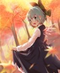  1girl aqua_eyes autumn bangs blue_dress blue_hair bow cirno commentary_request dress dress_lift fang hair_bow highres ice ice_wings kuromame_(8gou) lifted_by_self long_sleeves looking_at_viewer open_mouth outdoors short_hair sleeveless sleeveless_dress smile solo touhou tree wings 
