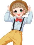  1boy :d bangs blunt_bangs blush bow bowtie brown_hair child collared_shirt cowboy_shot green_eyes hands_on_headwear hands_up hat highres himeno_kanon idolmaster idolmaster_side-m legs_apart long_sleeves looking_at_viewer male_focus open_mouth pants red_neckwear sekina shirt smile solo suspenders yellow_pants 