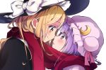  2girls black_hat blonde_hair bow commentary_request crescent eye_contact from_side hat hat_bow highres kirisame_marisa long_hair looking_at_another mob_cap multiple_girls patchouli_knowledge profile purple_hair purple_hat red_scarf scarf shared_scarf simple_background smile touhou upper_body vanilla_(miotanntann) violet_eyes white_background white_bow witch_hat yellow_eyes yuri 