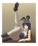  1girl adapted_costume alto-00 animal_ears ass bare_shoulders black_hair black_leotard breasts brown_eyes detached_collar fake_animal_ears full_body grey_background grey_legwear highres japanese_clothes kantai_collection leg_up leotard long_hair looking_at_viewer low-tied_long_hair lying on_back pantyhose parted_lips rabbit_ears shoes shouhou_(kantai_collection) single_sleeve small_breasts solo white_background wrist_cuffs 