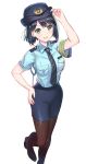  1girl blue_footwear blue_hair blue_neckwear blue_shirt blue_skirt breast_pocket breasts epaulettes green_eyes hand_on_headwear hand_on_hip hat looking_at_viewer medium_breasts necktie open_mouth original pantyhose pocket police police_hat police_uniform shirt short_hair short_sleeves simple_background skirt solo striped_neckwear uniform weee_(raemz) white_background 