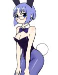  1girl animal_ears bangs bare_arms bare_shoulders blue_eyes blue_hair blue_legwear blue_leotard blue_neckwear blush bow bowtie breasts bunny_girl bunnysuit cleavage cowboy_shot detached_collar eyebrows_visible_through_hair glasses leotard looking_at_viewer medium_breasts original pantyhose parted_lips rabbit_ears short_hair simple_background solo sookmo standing white_background wing_collar 