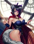  absurdres animal_ears ass black_hair breasts cape cleavage collarbone copyright_request earrings fang feathers fingernails hair_feathers highres jewelry large_breasts lips long_fingernails looking_at_viewer necklace nikita_varb parted_lips short_hair tail thick_thighs thighs violet_eyes 