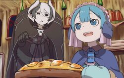  1boy 1girl :d black_eyes black_gloves black_hair blue_eyes blue_hair bright_pupils cape capelet child eyebrows_visible_through_hair food gloves indoors jacket jitome leaning_forward long_sleeves looking_at_another made_in_abyss maid maid_headdress maruruk mi_(pic52pic) mittens multicolored_hair open_mouth ozen parted_lips shelf short_hair smile standing trap two-tone_hair whistle white_hair window 