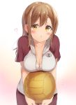  1girl ? ball bangs blush bow bow_bra bra breasts brown_eyes brown_hair chestnut_mouth cleavage commentary_request eyebrows_visible_through_hair eyes_visible_through_hair gym_uniform hair_between_eyes holding holding_ball kunikida_hanamaru large_breasts long_hair looking_at_viewer love_live! love_live!_sunshine!! micopp open_mouth short_sleeves simple_background solo sportswear underwear unzipped volleyball volleyball_uniform white_background white_bra yellow_eyes 
