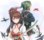  &gt;:) 2girls absurdres aircraft airplane arrow azur_lane blush breasts brown_eyes brown_gloves brown_hair choker collarbone crossover dress gloves green_eyes green_hair highres holding holding_sword holding_weapon japanese_clothes kantai_collection large_breasts long_hair multiple_girls namesake nedia_(nedia_region) partly_fingerless_gloves ponytail red_dress short_sleeves smile sword twintails weapon yugake yumi_(bow) zuikaku_(azur_lane) zuikaku_(kantai_collection) 