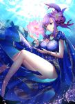  1girl bangs bead_necklace beads bracelet breasts closed_mouth earrings fate/grand_order fate_(series) flower folded_ponytail hair_flower hair_ornament hair_ribbon hamada_pochiwo highres impossible_clothes indian_clothes jewelry large_breasts lotus matou_sakura necklace parvati_(fate/grand_order) purple_hair red_ribbon ribbon short_sleeves smile solo thighs underwater violet_eyes 