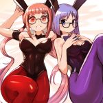  2girls animal_ears armband bangs bare_arms bare_shoulders black_leotard blush breasts bunny_girl bunnysuit eyebrows_visible_through_hair fake_animal_ears feet_out_of_frame glasses leotard long_hair looking_at_viewer low_twintails lying medium_breasts multiple_girls on_back original parted_lips purple_legwear rabbit_ears red_eyes red_legwear short_hair smile sookmo twintails very_long_hair 