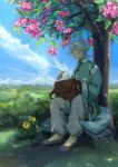  1boy animal_ears bag baggy_pants black_footwear blue_sky bookbag cat_ears clouds day flower forest_of_pixiv hair_over_one_eye katagiri male_focus outdoors pants papers plant silver_hair sitting sitting_on_rock sky solo tree_shade 
