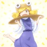  1girl :d barefoot blonde_hair blouse blue_dress dress elizabethan_collar fang hands_up long_hair long_sleeves looking_at_viewer moriya_suwako one_eye_closed open_mouth pyonta shirosato smile solo standing standing_on_one_leg touhou yellow_eyes 