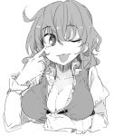  1girl bangs breasts cleavage closed_mouth greyscale juliet_sleeves kamukamu_(ars) large_breasts long_sleeves looking_at_viewer monochrome one_eye_closed puffy_sleeves simple_background sketch solo tatara_kogasa tongue tongue_out touhou white_background 