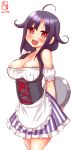  1girl :d ahoge alternate_costume apron arms_behind_back bare_shoulders blush breasts cleavage commentary_request detached_sleeves dirndl erect_nipples german_clothes hair_flaps highres kanon_(kurogane_knights) kantai_collection long_hair looking_at_viewer medium_breasts off_shoulder open_mouth purple_hair red_eyes simple_background sketch smile solo standing taigei_(kantai_collection) tray 