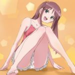  1girl :d barefoot breasts brown_hair eyebrows_visible_through_hair feet frilled_skirt frills green_eyes hair_bobbles hair_ornament haruyama_kazunori legs long_hair looking_at_viewer medium_breasts okamoto_miyu open_mouth orange_background panties pantyshot pantyshot_(sitting) sitting skirt smile solo twintails underwear wake_up_girls! white_skirt yellow_panties 