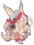  1girl :3 :d animal_ears bangs barefoot blunt_bangs blush catchphrase chibi ears_through_headwear full_body furry green_eyes grey_hair hand_up hat horns long_hair looking_at_viewer made_in_abyss namiki_omu nanachi_(made_in_abyss) open_mouth pants red_pupils simple_background smile solo standing tail topless walking whiskers white_background 