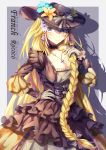  1girl alternate_costume blonde_hair blue_eyes blush braid breasts choker cleavage cross cross_necklace dress fate/grand_order fate_(series) flower frilled_dress frills hair_over_shoulder hair_ribbon hat hat_flower hat_ribbon headpiece jewelry large_breasts long_braid long_hair looking_at_viewer necklace ribbon ruler_(fate/apocrypha) single_braid smile solo very_long_hair xi_zhujia_de_rbq 