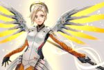  1girl blonde_hair blue_eyes blush breasts closed_mouth eyebrows_visible_through_hair highres looking_at_viewer medium_breasts mercy_(overwatch) overwatch short_hair solo wedo wings 