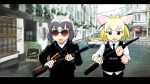  2girls animal_ears aviator_sunglasses blonde_hair brown_eyes commentary_request common_raccoon_(kemono_friends) crossover fennec_(kemono_friends) fox_ears grey_hair gun hot_fuzz jitome kemono_friends multicolored_hair multiple_girls raccoon_ears short_hair shotgun sunglasses ueyama_michirou weapon 