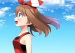  1girl :d blue_eyes blue_sky blush brown_hair clouds collarbone day floating_hair from_side hair_between_eyes hairband haruka_(pokemon) haruka_(pokemon)_(remake) hat hat_ribbon highres long_hair looking_up open_mouth outdoors pokemon pokemon_(game) pokemon_oras red_hairband ribbon shiny shiny_skin shirt sky sleeveless sleeveless_shirt smile solo upper_body yuihiko 