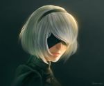  1girl blindfold hairband looking_at_viewer mole mole_under_mouth narongdej_watcharapasorn nier_(series) nier_automata parted_lips realistic short_hair signature silver_hair simple_background smile solo yorha_no._2_type_b 