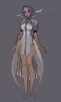  1girl absurdres angel bare_shoulders blue_hair closed_mouth commentary cropped_legs dress empty_eyes facial_mark forehead_mark grey_background grey_eyes head_tilt highres legs_together looking_at_viewer matilda_vin original simple_background sketch solo standing unfinished 