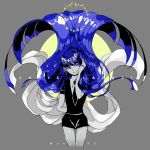  absurdly_long_hair adjusting_hair androgynous arm_behind_back black_neckwear blue_eyes blue_hair closed_mouth crystal_hair eri_na grey_background houseki_no_kuni lapis_lazuli_(houseki_no_kuni) long_hair looking_to_the_side necktie puffy_short_sleeves puffy_sleeves short_sleeves shorts simple_background smile sparkle thighs twitter_username uniform very_long_hair white_skin 