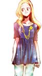  1girl blonde_hair brown_eyes denim dragon_ball dragon_ball_gt dress hair_down jeans jewelry long_hair long_sleeves looking_away marron necklace ochanoko_(get9-sac) pants simple_background smile solo_focus white_background 