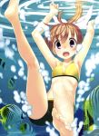  1girl :o absurdres ahoge air_bubble armpits arms_up barefoot bikini bikini_shorts blue_eyes bow breasts brown_hair bubble butterflyfish dengeki_moeou feet fish floating_hair hair_bow highres kagome_(traumatize) kneepits leg_up legs long_hair looking_at_viewer open_mouth ponytail ripples scan shorts small_breasts soles solo swimsuit toenails toes underwater wonder_4_world 