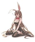  1girl animal_ears bare_shoulders breasts brown_hair bunnysuit cleavage closed_eyes flower full_body granblue_fantasy hair_between_eyes hair_flower hair_ornament kakage long_hair medium_breasts rabbit_ears rose rosetta_(granblue_fantasy) sitting smile solo thigh-highs very_long_hair 