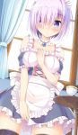  1girl :&lt; apron black_legwear blush breasts closed_mouth cup eyebrows_visible_through_hair fate/grand_order fate_(series) hair_over_one_eye highres large_breasts looking_at_viewer maid maid_apron maid_headdress purple_hair shielder_(fate/grand_order) short_hair solo teacup thigh-highs umitonakai violet_eyes 