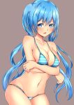  1girl baretto_(karasi07) bikini blue_eyes blue_hair blush breasts cowboy_shot crossed_arms hatsune_miku highres long_hair looking_at_viewer medium_breasts navel solo striped striped_bikini sweatdrop swimsuit twintails very_long_hair vocaloid 